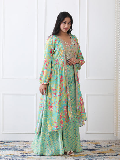 Stylish Partywear Green Indo-Western Crop Top Dress