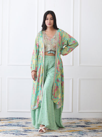 Stylish Partywear Green Indo-Western Crop Top Dress