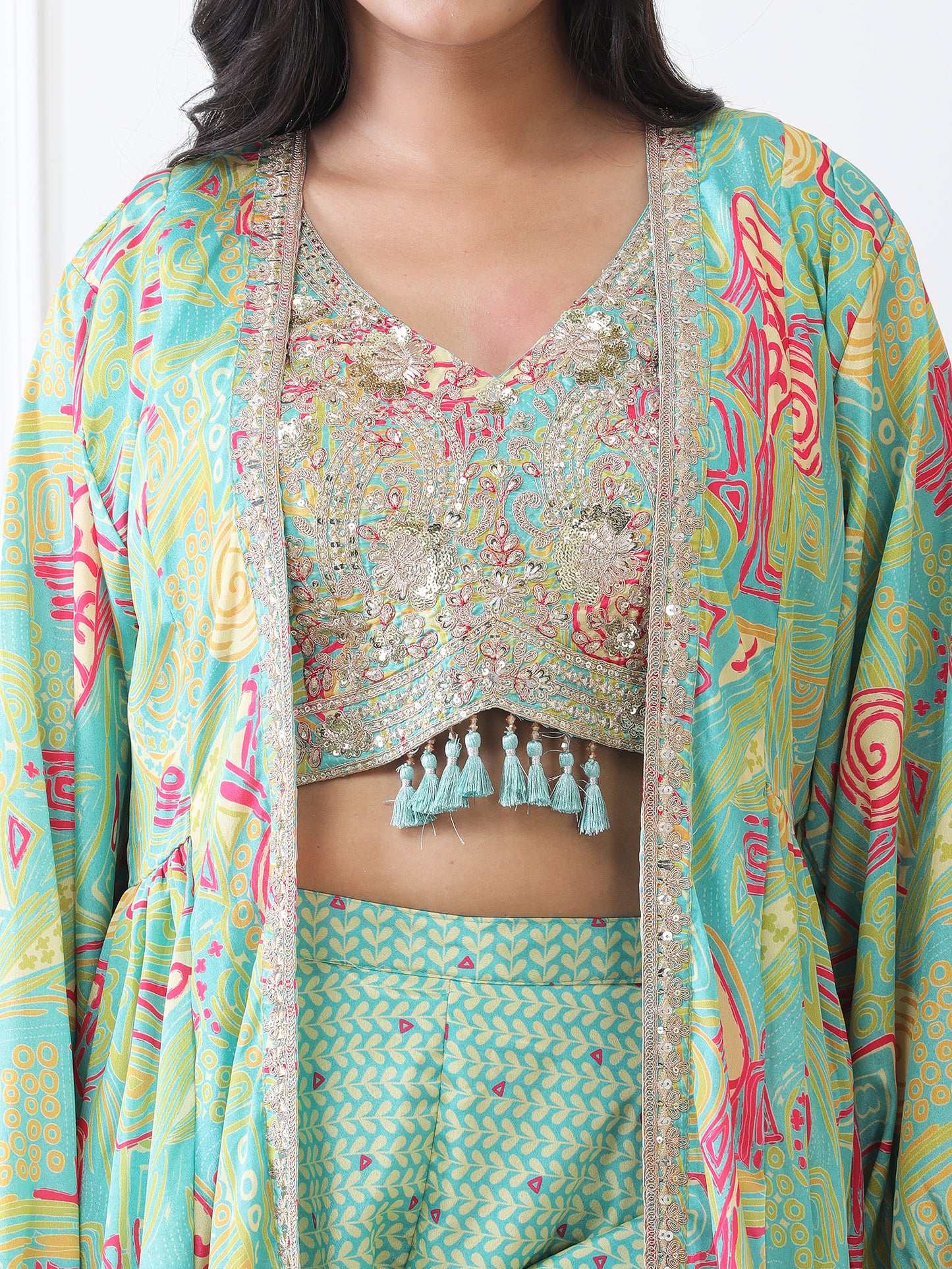 Stylish Partywear Green Indo-Western Crop Top Dress