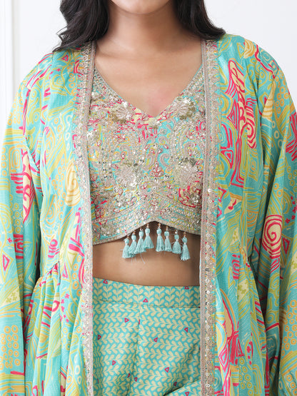 Stylish Partywear Green Indo-Western Crop Top Dress