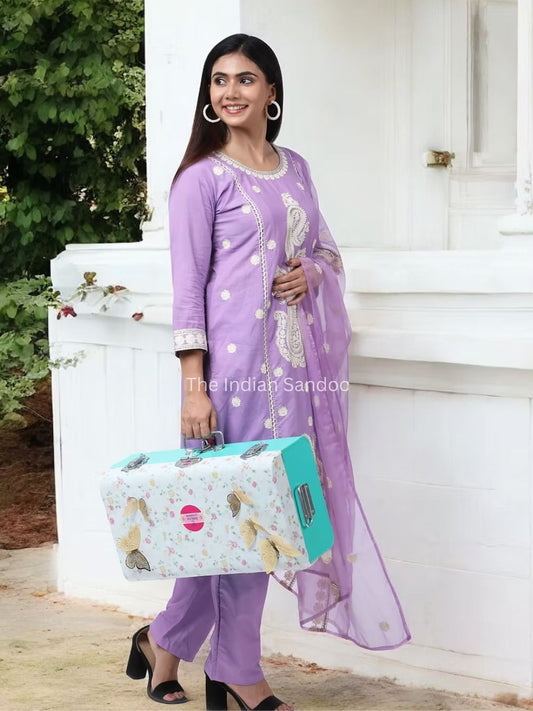 Lavender Embroidered Kurta With Trousers And Dupatta