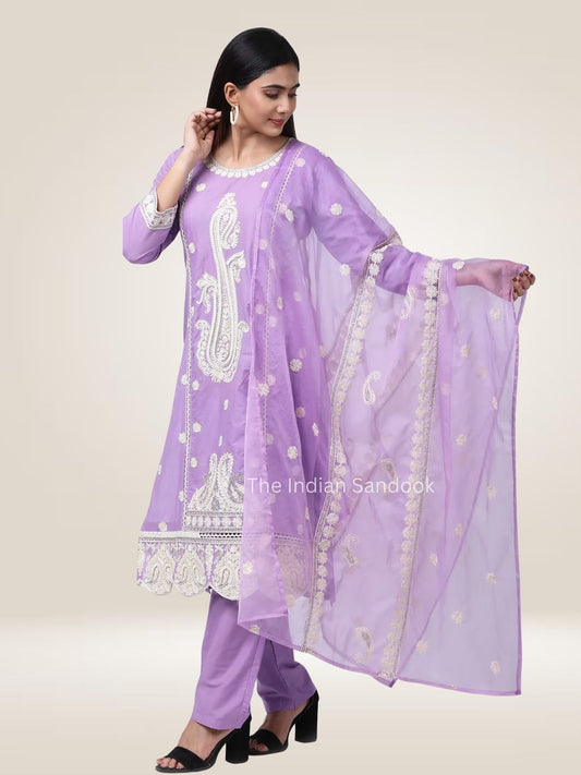Lavender Embroidered Kurta With Trousers And Dupatta