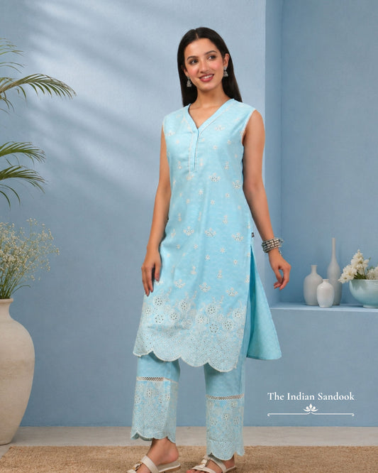 Powder Blue Schiffli Cotton Co-Ord Set for Women | Elegant Summer Co-Ord Set