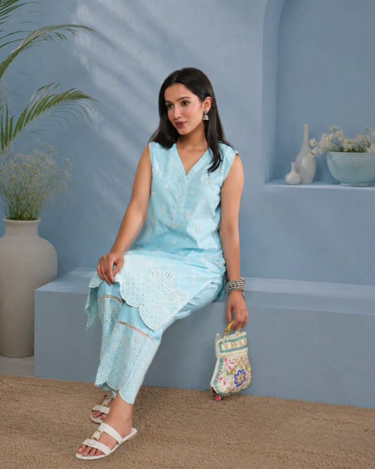 Powder Blue Schiffli Cotton Co-Ord Set for Women | Elegant Summer Co-Ord Set