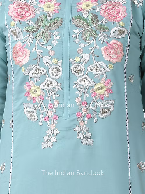 Floral Embroidered Notch Neck Net Straight Kurta With Trousers & Dupatta