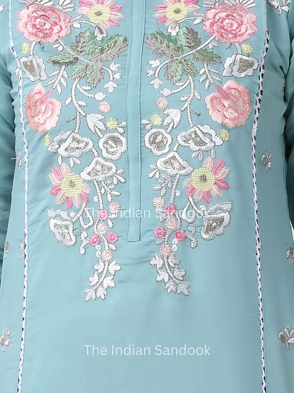 Floral Embroidered Notch Neck Net Straight Kurta With Trousers & Dupatta