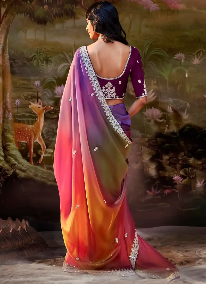 Multicolor Organza Silk Saree with  Embroidered Blouse