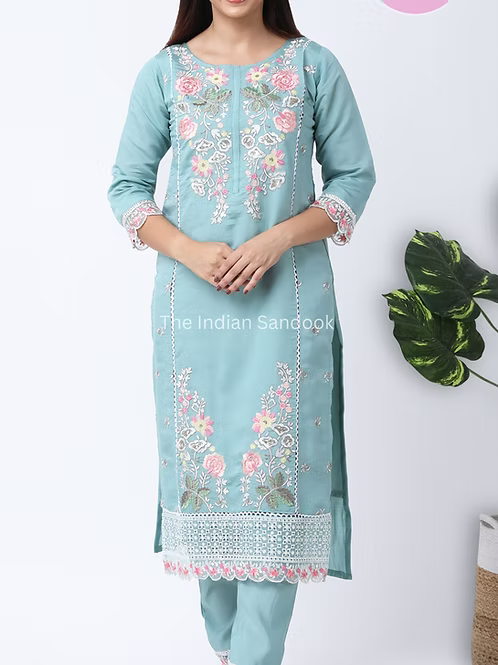 Floral Embroidered Notch Neck Net Straight Kurta With Trousers & Dupatta