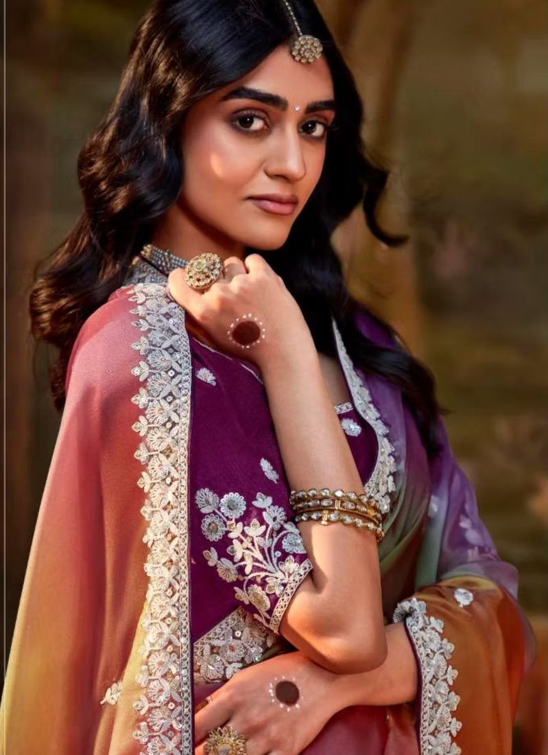 Multicolor Organza Silk Saree with  Embroidered Blouse