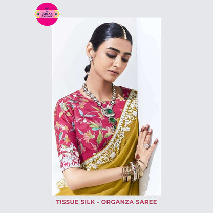 Tissue Silk Partywear Saree with Embroidered Blouse