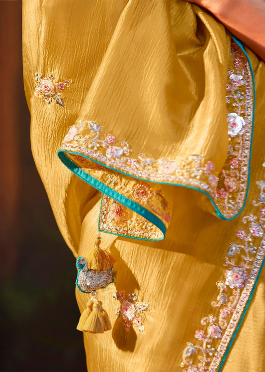 Designer Yellow Organza Saree with Turquoise  Blouse