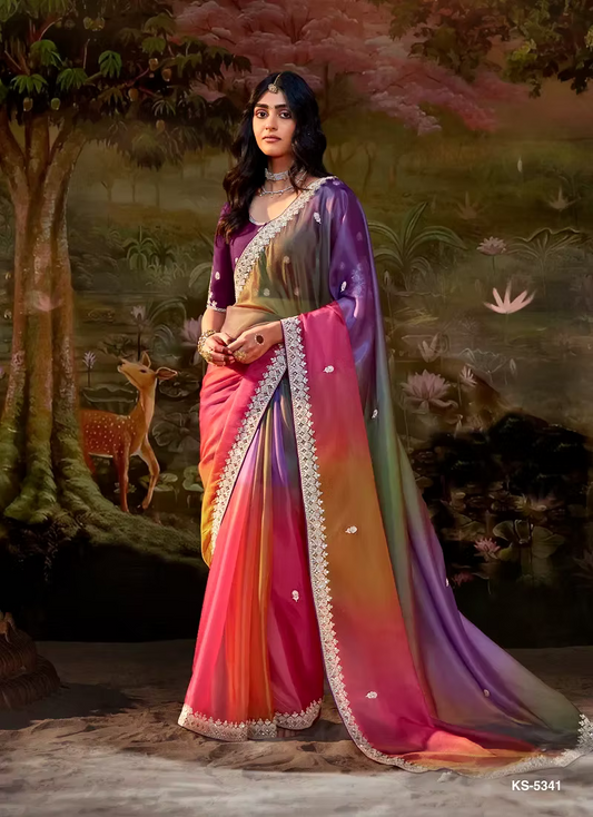 Multicolor Organza Silk Saree with  Embroidered Blouse