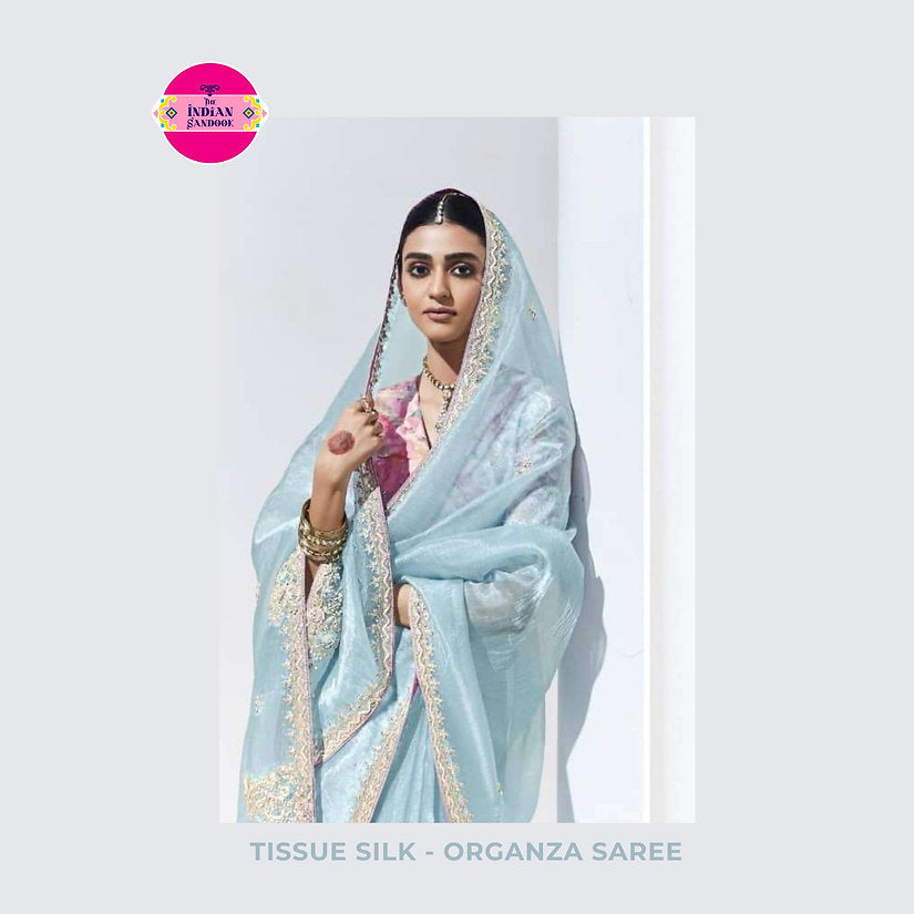 Tissue Silk Partywear Saree with Embroidered Blouse