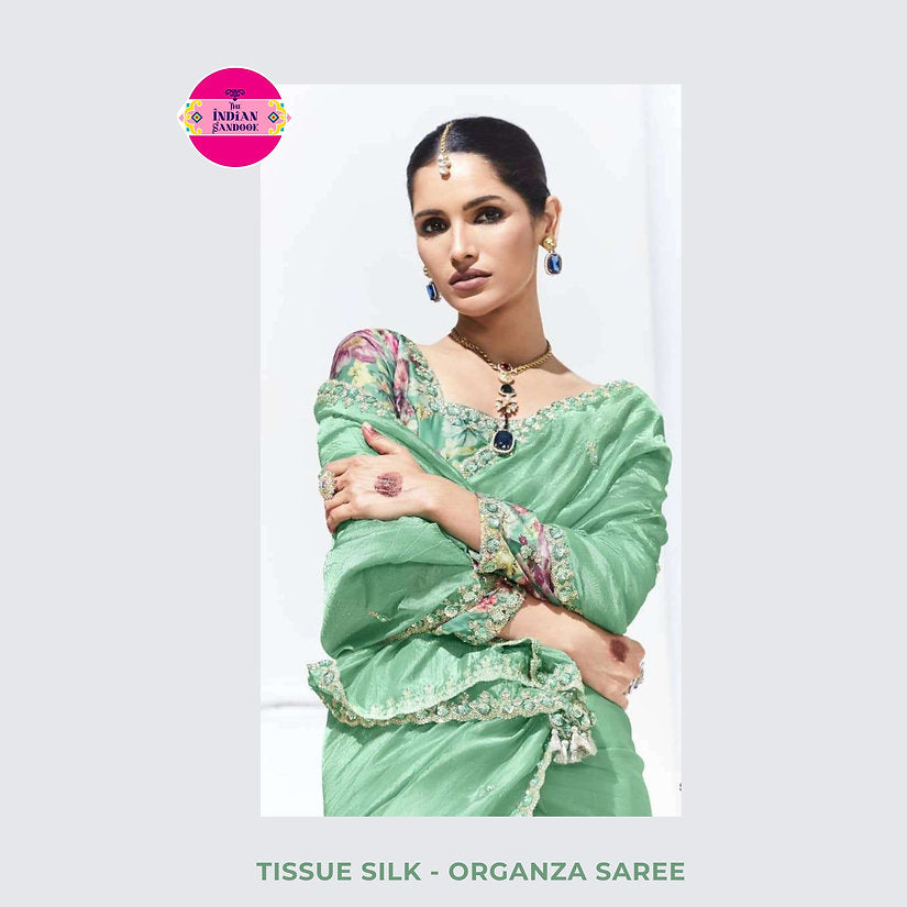 Tissue Silk Partywear Saree with Embroidered Blouse