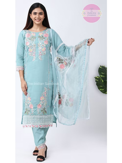 Floral Embroidered Notch Neck Net Straight Kurta With Trousers & Dupatta