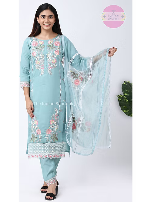 Floral Embroidered Notch Neck Net Straight Kurta With Trousers & Dupatta