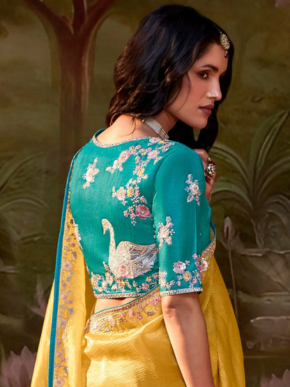 Designer Yellow Organza Saree with Turquoise  Blouse