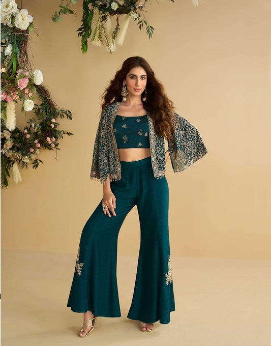 Stylish Teal Crop Top with Jacket & Trousers