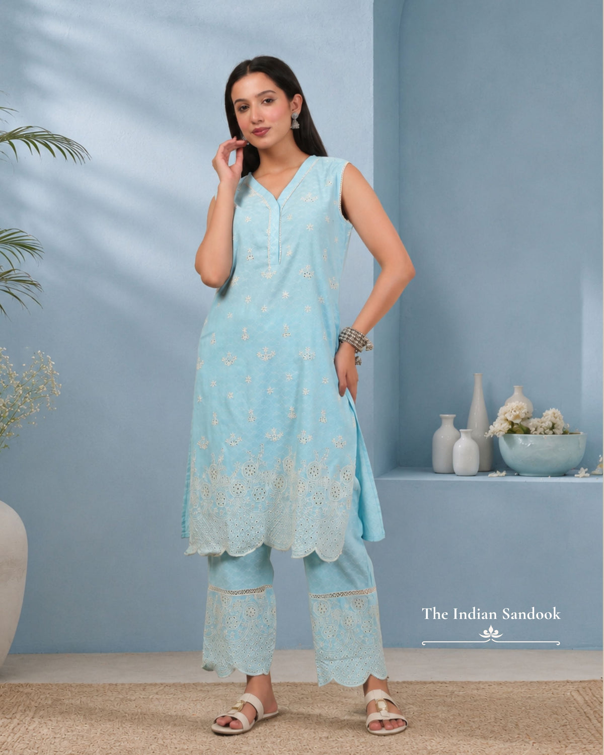 Powder Blue Schiffli Cotton Co-Ord Set for Women | Elegant Summer Co-Ord Set