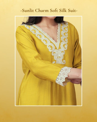 Sunlit Charm Yellow Soft Silk Suit Set with Lace Embroidered Dupatta