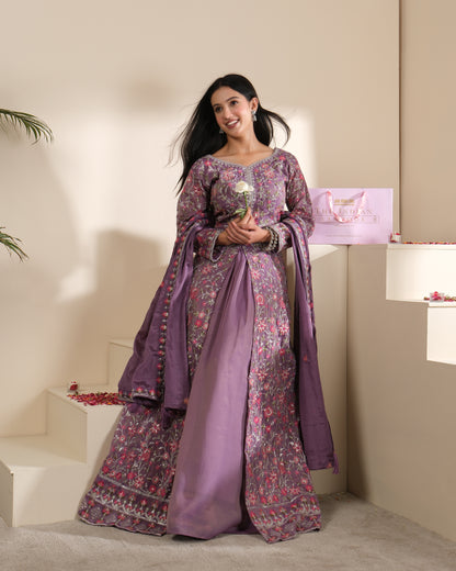Lavender Georgette Gown with Heavy Embroidery & Dupatta | Party & Festive Wear