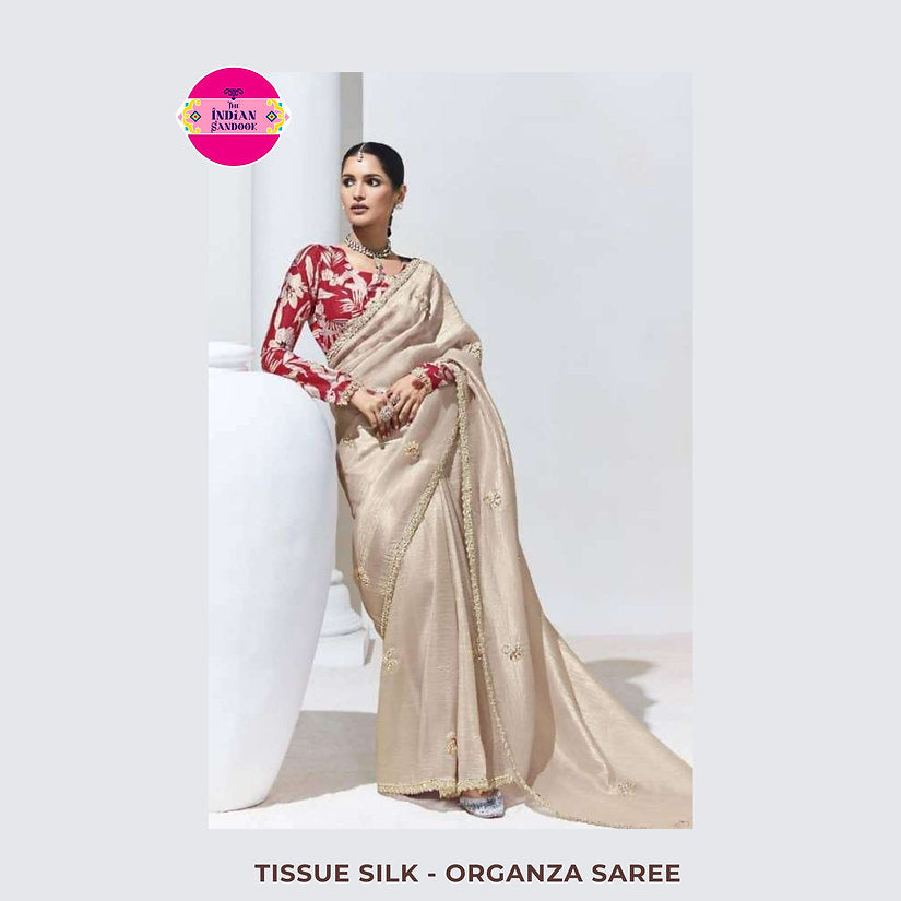 Tissue Silk Partywear Saree with Embroidered Blouse