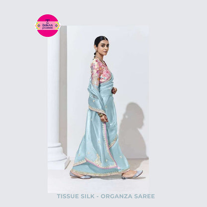 Tissue Silk Partywear Saree with Embroidered Blouse