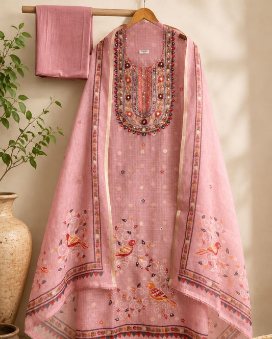 Blush Kota Printed Unstitched 3-Piece Suit with Embellished Neckline
