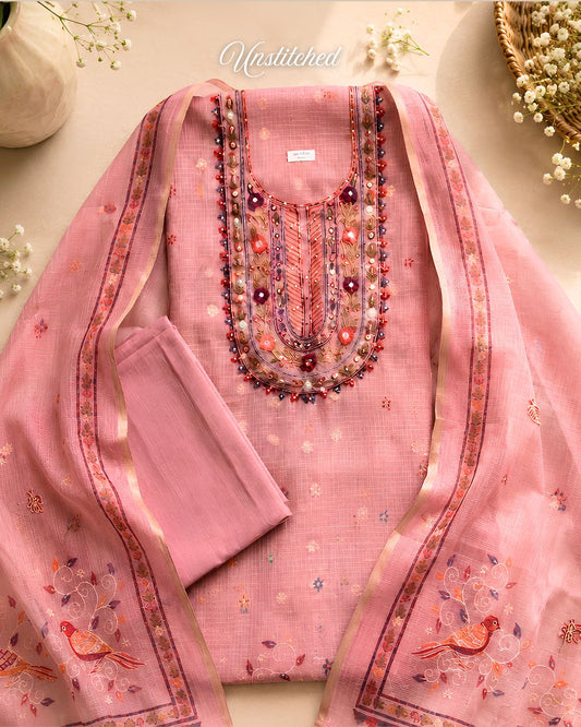 Blush Kota Printed Unstitched 3-Piece Suit with Embellished Neckline