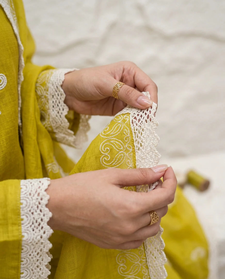 Sunlit Charm Yellow Soft Silk Suit Set with Lace Embroidered Dupatta