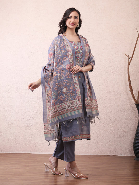 Grey Cotton Embroidered Kurta Set for Women with Dupatta