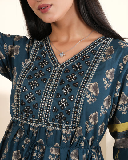 Ajrakh Belle Indigo Cotton Fit & Flare Dress for Women