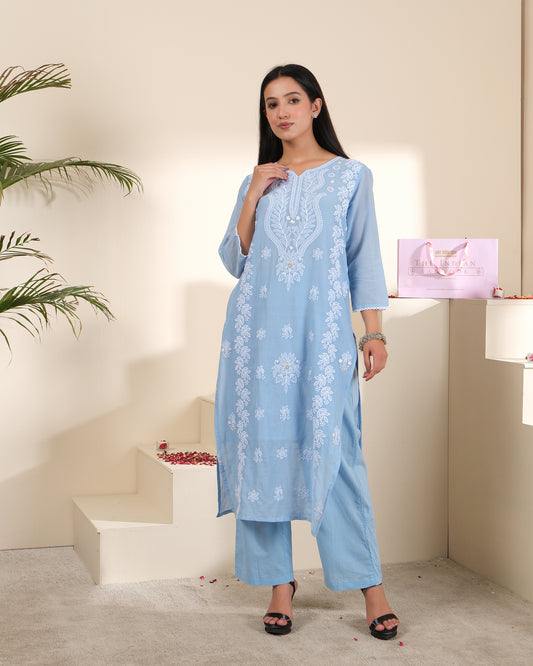Women's Powder Blue Cotton Embroidered Kurta Pant Set with Dupatta