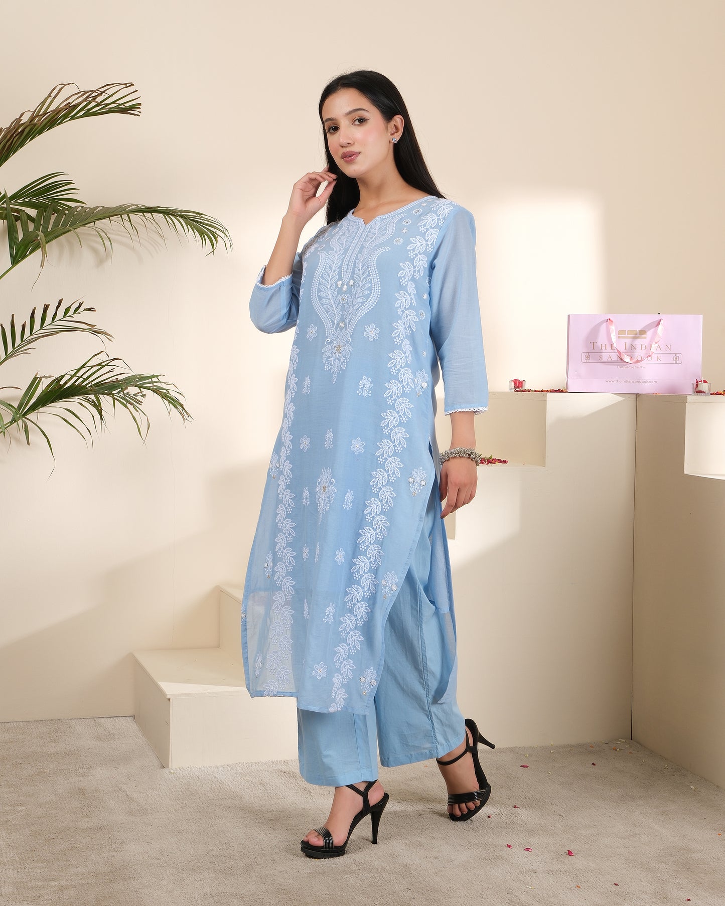 Women's Powder Blue Cotton Embroidered Kurta Pant Set with Dupatta