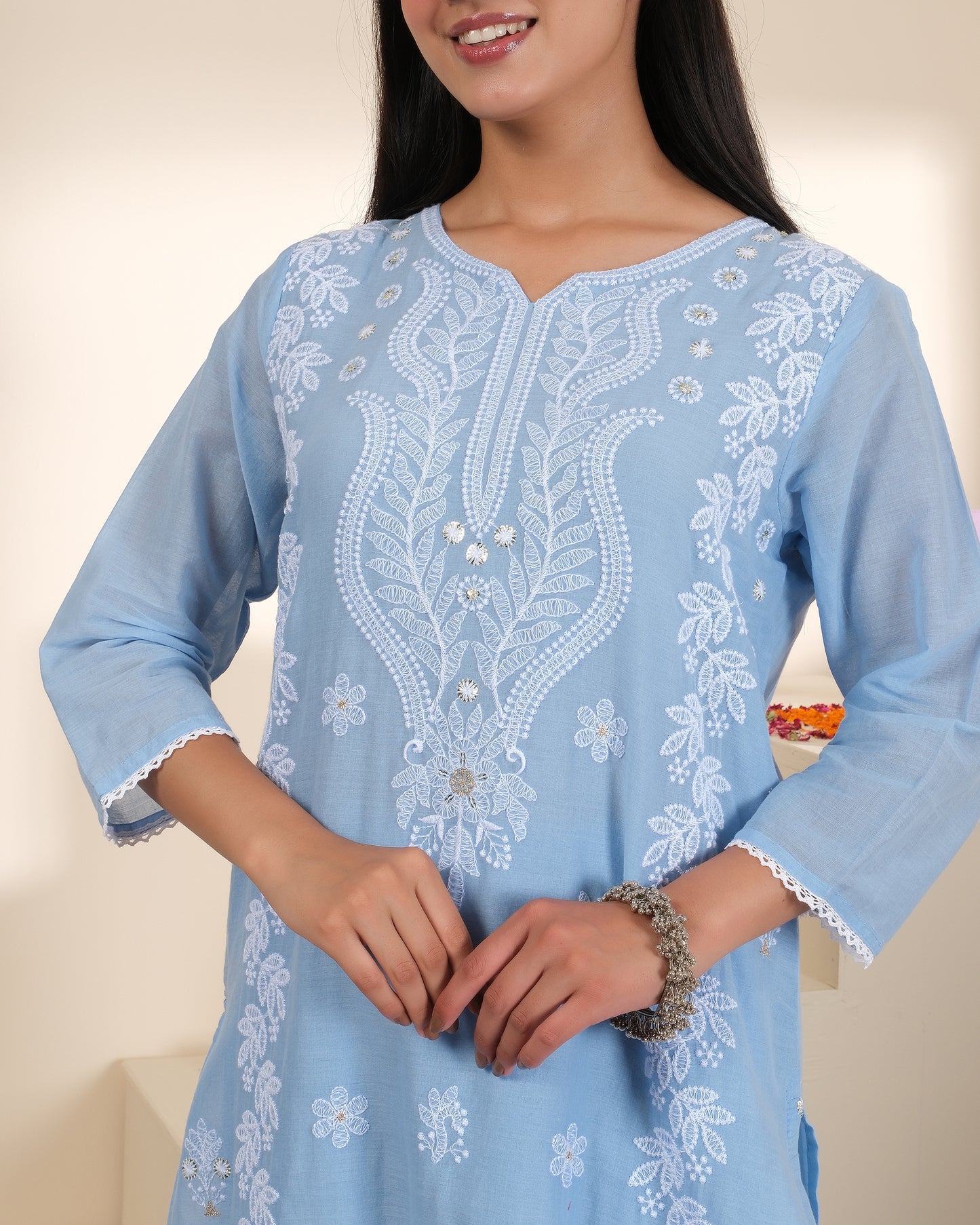Women's Powder Blue Cotton Embroidered Kurta Pant Set with Dupatta
