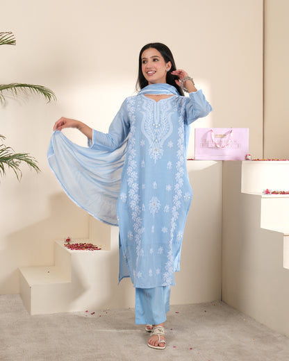 Women's Powder Blue Cotton Embroidered Kurta Pant Set with Dupatta