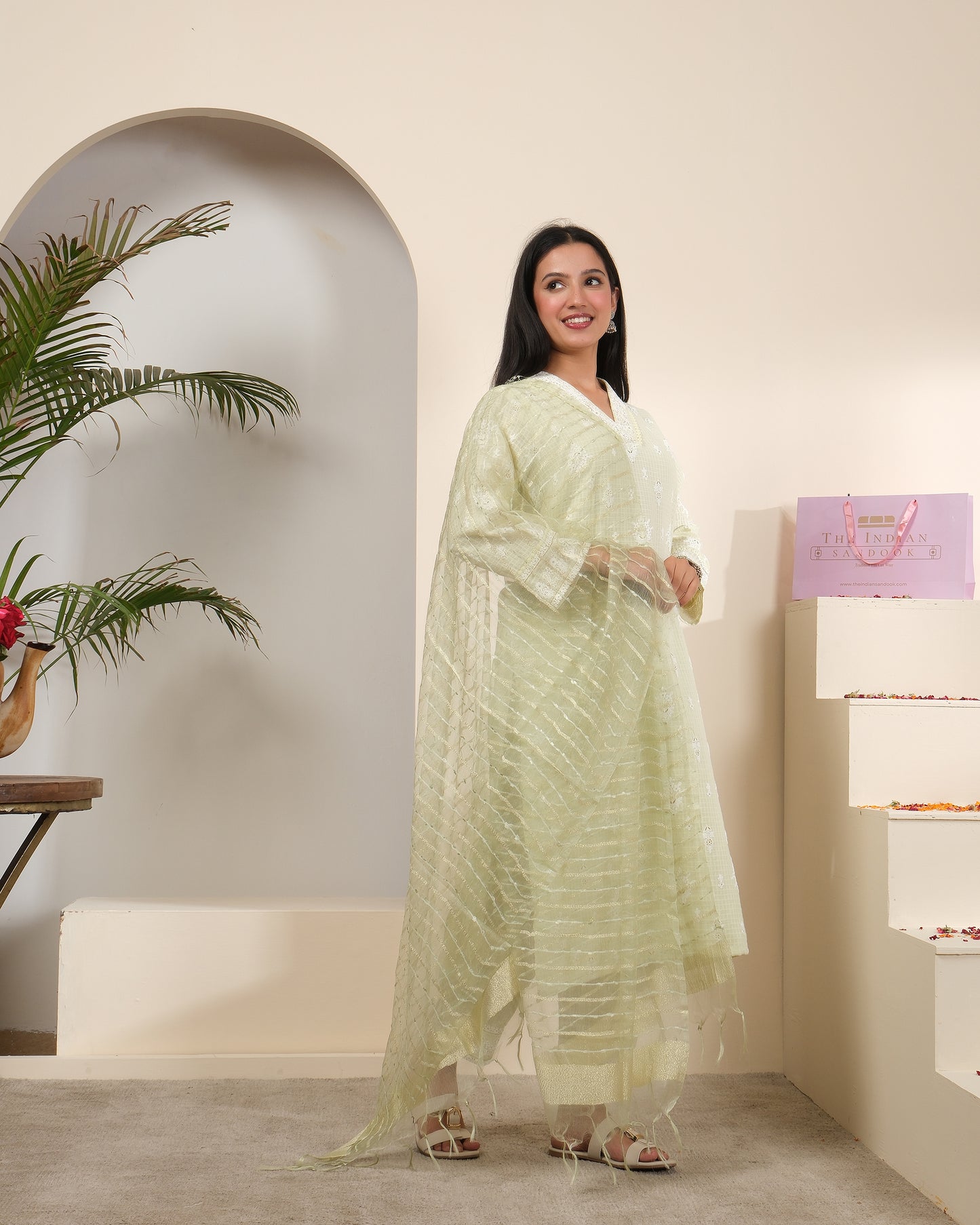 Sage Green Embroidered Cotton Kurta Pant Set with Dupatta