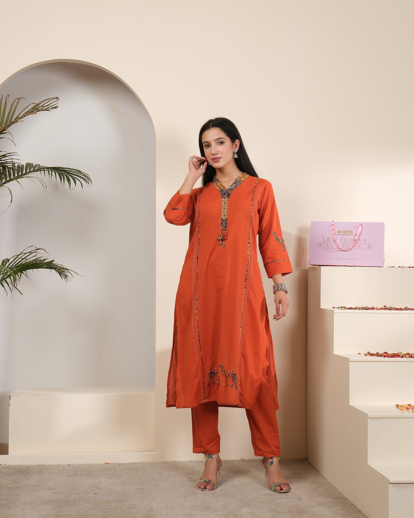 Women's Rust Orange Cotton Kurta Palazzo Set with Embroidery & Dupatta