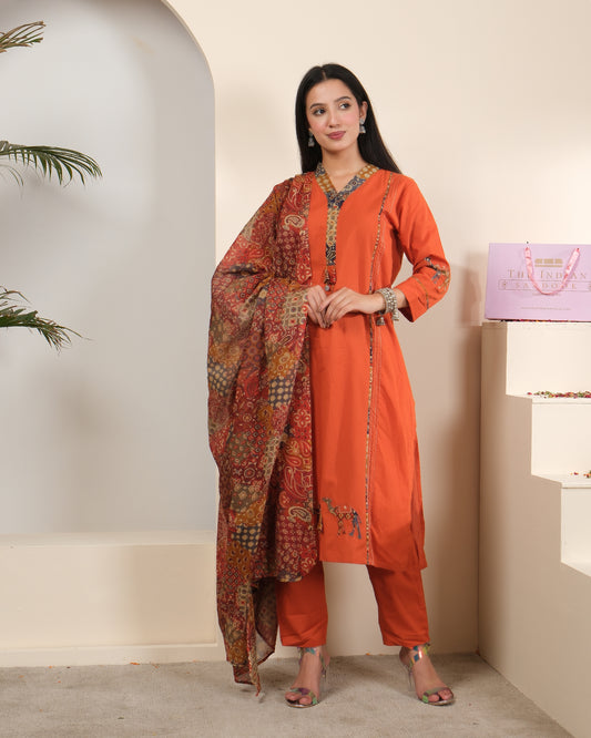 Women's Rust Orange Cotton Kurta Palazzo Set with Embroidery & Dupatta