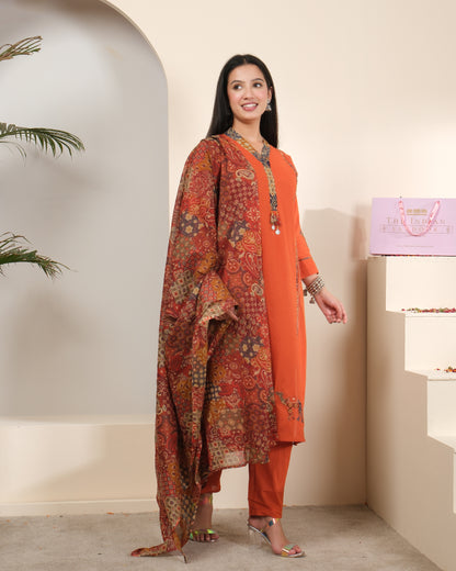 Women's Rust Orange Cotton Kurta Palazzo Set with Embroidery & Dupatta