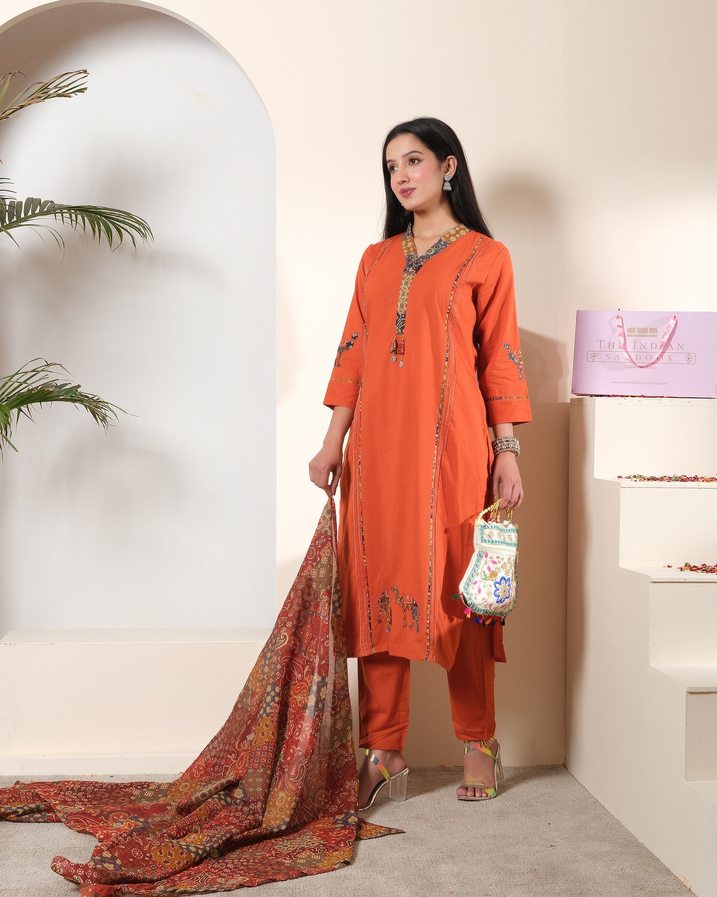 Women's Rust Orange Cotton Kurta Palazzo Set with Embroidery & Dupatta