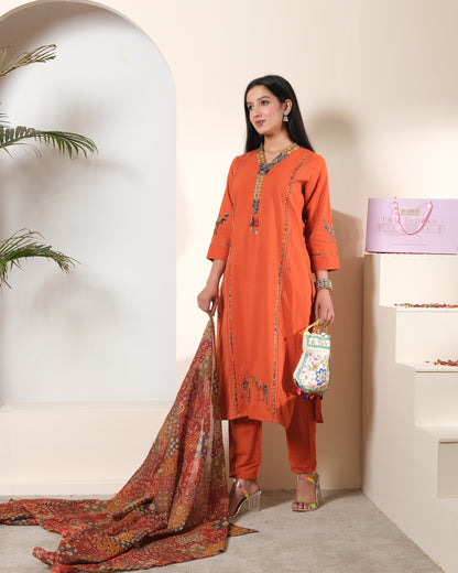Women's Rust Orange Cotton Kurta Palazzo Set with Embroidery & Dupatta