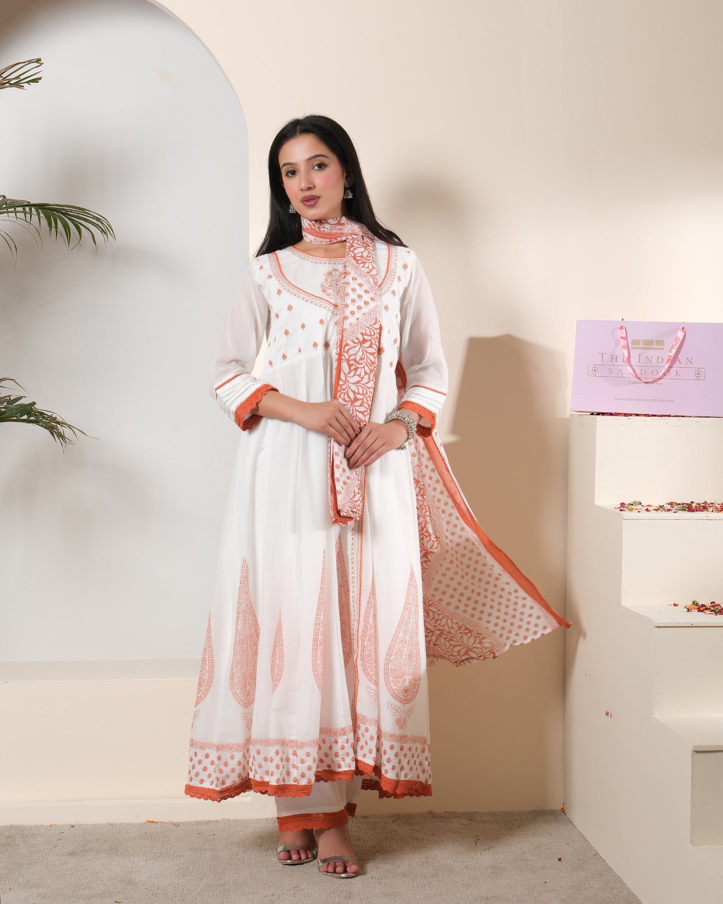 Women's White & Rust Cotton Printed Anarkali Kurta Pant Set with Dupatta