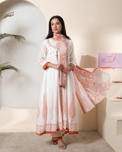 Women's White & Rust Cotton Printed Anarkali Kurta Pant Set with Dupatta