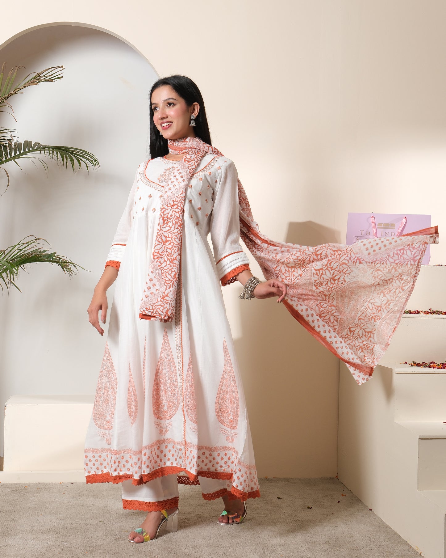 Women's White & Rust Cotton Printed Anarkali Kurta Pant Set with Dupatta