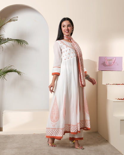 Women's White & Rust Cotton Printed Anarkali Kurta Pant Set with Dupatta