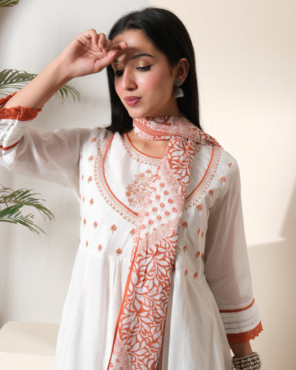Women's White & Rust Cotton Printed Anarkali Kurta Pant Set with Dupatta