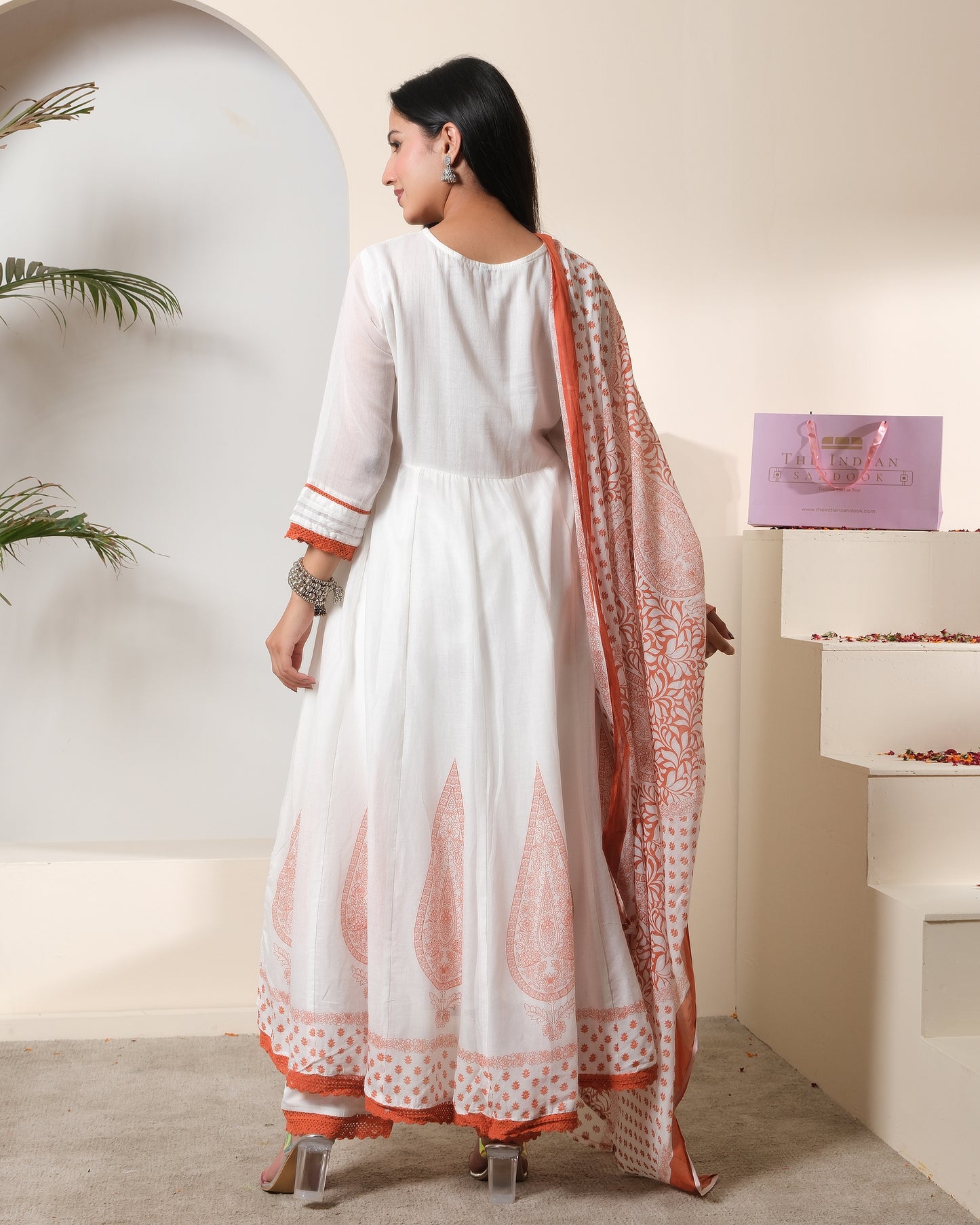 Women's White & Rust Cotton Printed Anarkali Kurta Pant Set with Dupatta