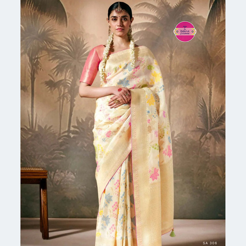 Premium White Munga Silk Enhanced With Tassels Saree