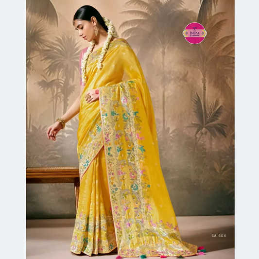 Premium Yellow Munga Silk Enhanced With Tassels Saree